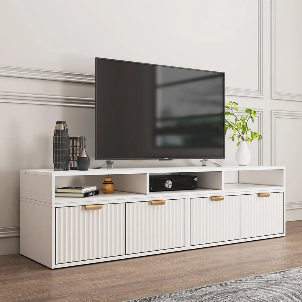 Moderne witte hoek-tv-meubel met 2 lades en open opbergruimte
