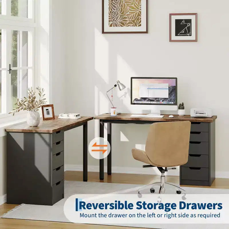 Bureau d’ordinateur de 47 pouces avec 5 tiroirs de rangement, table d’étude et d’écriture réversible au style rustique moderne, poste de travail pour bureau à domicile et petits espaces