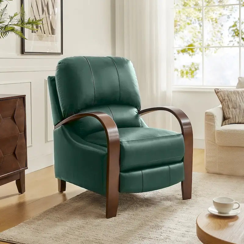Fauteuil inclinable manuel Alex, style moderne du milieu du siècle, en cuir véritable coloris cigare, avec accoudoirs incurvés en bois