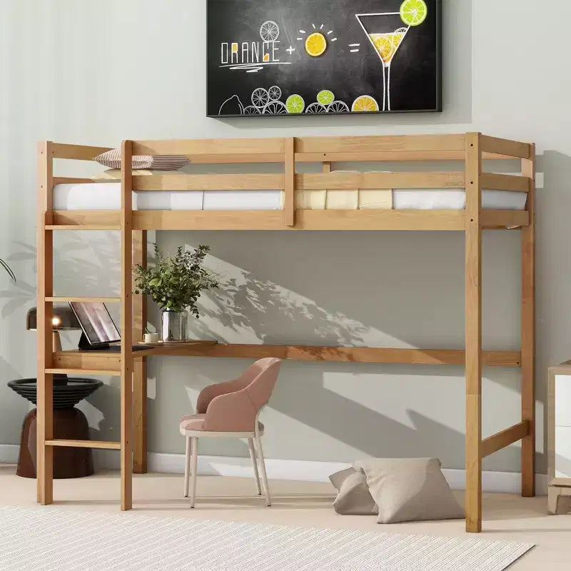 Okak minimalistisches Hochbett mit Leiter, Hochbett für Einzelbettmatratze aus Gummibaumholz mit Sicherheitsgeländer und eingebautem Schreibtisch, Bettgestell für Kinder und Jugendliche