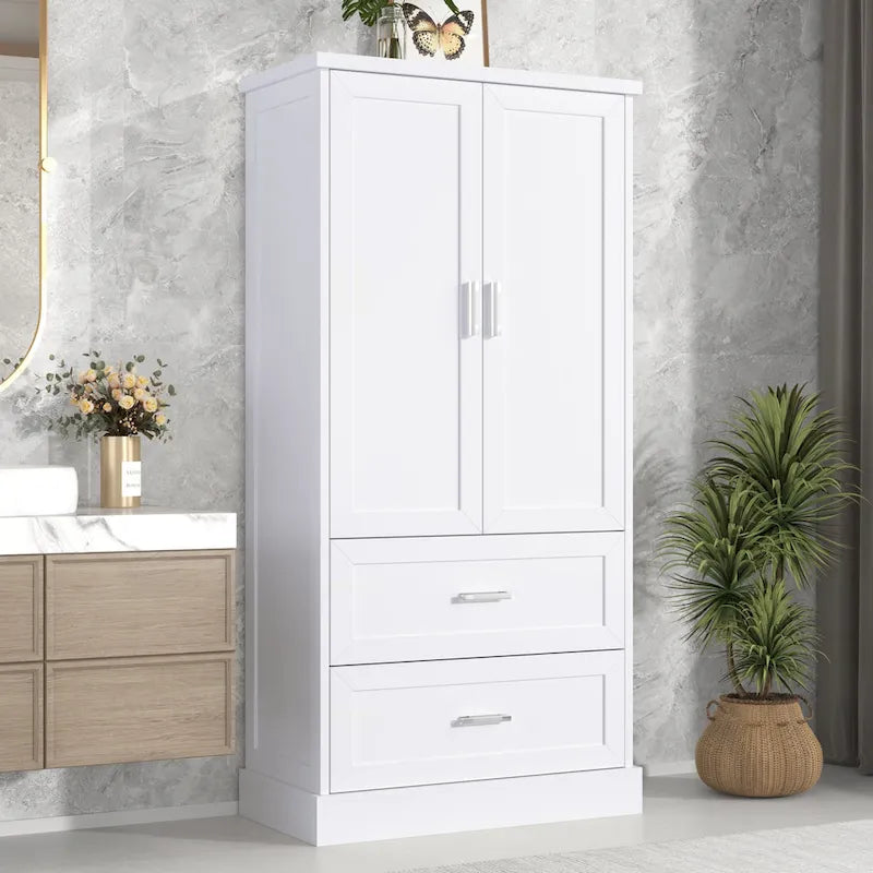 Armoire de rangement haute pour salle de bains avec deux portes et tiroirs, étagère réglable, panneau MDF
