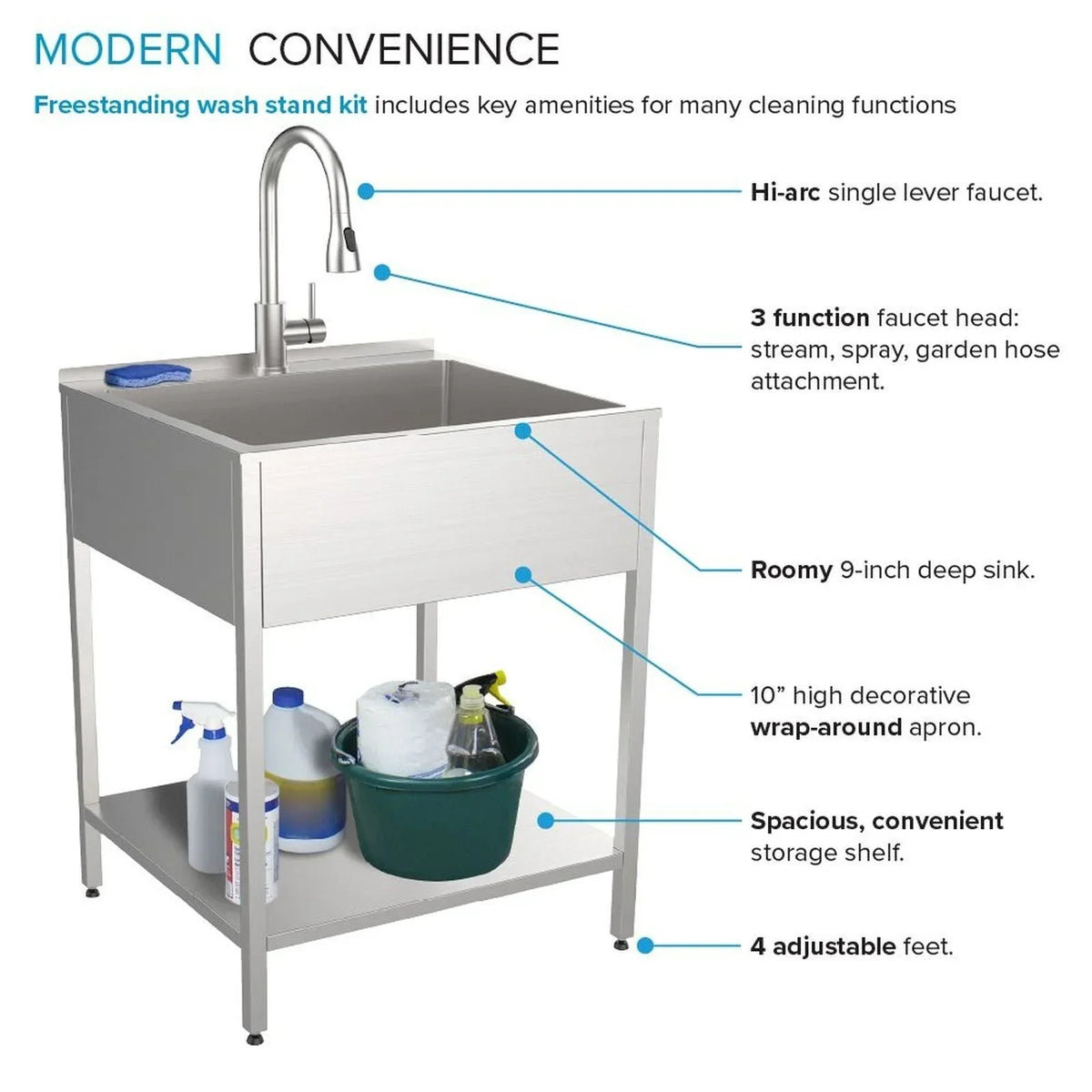 Évier de buanderie en acier inoxydable avec meuble de lavage - 24-in W x 22-in D x 35-in H
