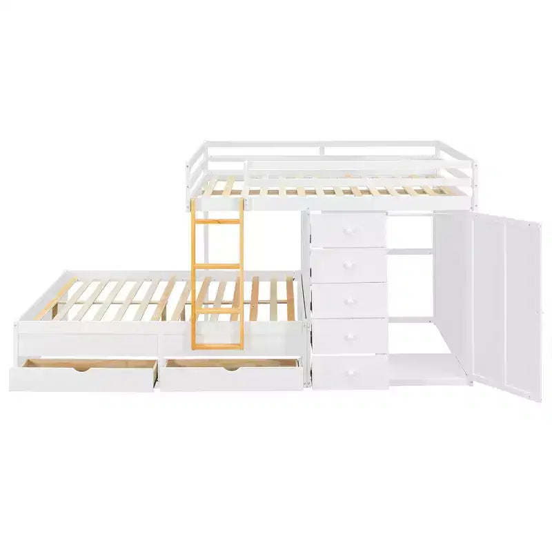 Stapelbed met twee tweepersoonsbedden, opbergkast en laden, houten stapelbed in tweepersoonsformaat met ruimtebesparend ontwerp en veiligheidsreling voor appartement en slaapkamer