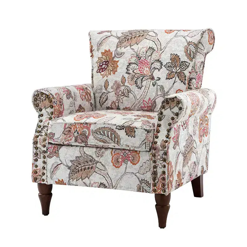 Araceli traditioneller gepolsterter Holzsessel mit Blumenmuster, Ohrenlehnen und Ziernägeln | ART OF LIVING DESIGNS