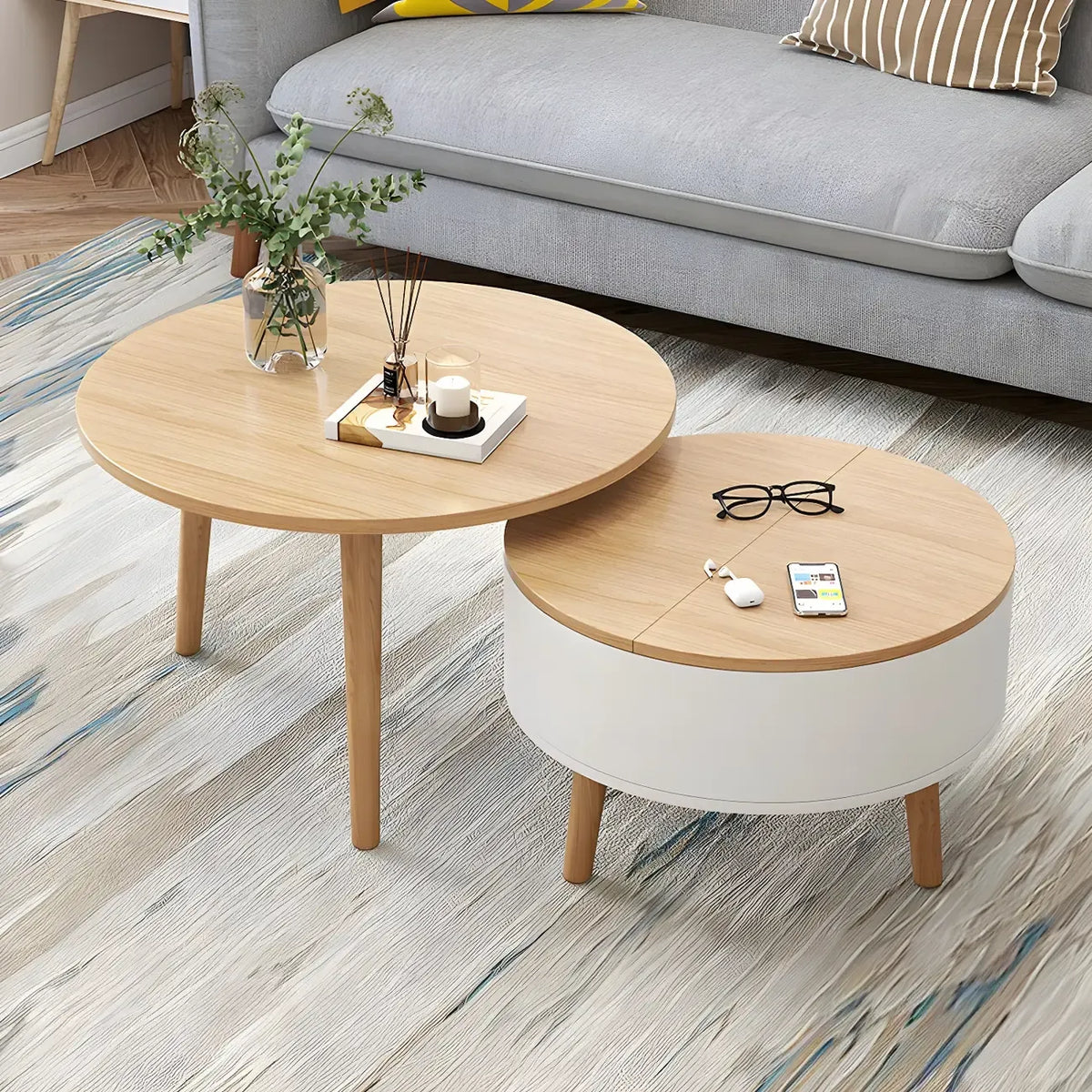 Moderner runder Couchtisch aus Holz in Schwarz und Weiß mit Stauraum
