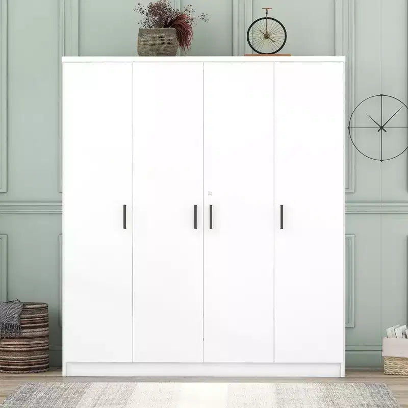 Houten kledingkast met 4 deuren, hangroede, 1 lade en opbergplanken