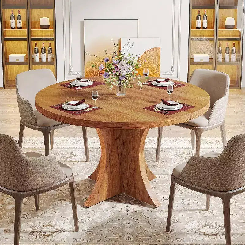 Lantine runder Esstisch mit 47.24 Zoll Durchmesser für 4-6 Personen, Küchentisch im Landhausstil mit Säulenfuß, kleiner Esstisch für Esszimmer und Wohnzimmer, braun