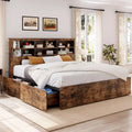Cadre de lit double avec tête de lit de rangement, cadre de lit en bois avec 4 tiroirs, bibliothèque de rangement et lit plateforme king size avec support métallique robuste