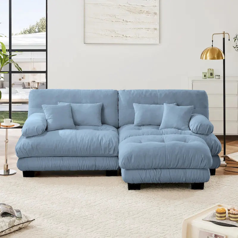 Narożna sofa dwuosobowa w kształcie litery L z tapicerką chenille i poduszkami lędźwiowymi