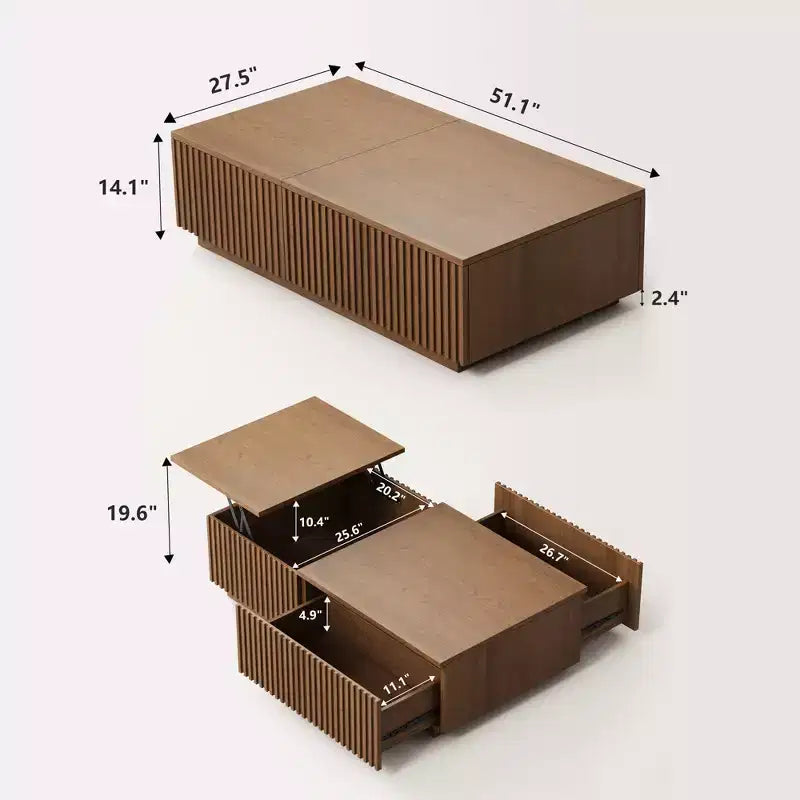 51.1 Couchtisch im Mid-Century-Modern-Stil mit höhenverstellbarer Platte, rechteckiger Wohnzimmertisch in Walnussoptik