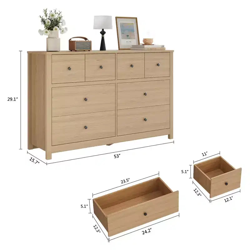 Moderne ladekast met 8 lades voor de slaapkamer, brede houten ladekast met veel opbergruimte, vrijstaande opbergkast voor de woonkamer