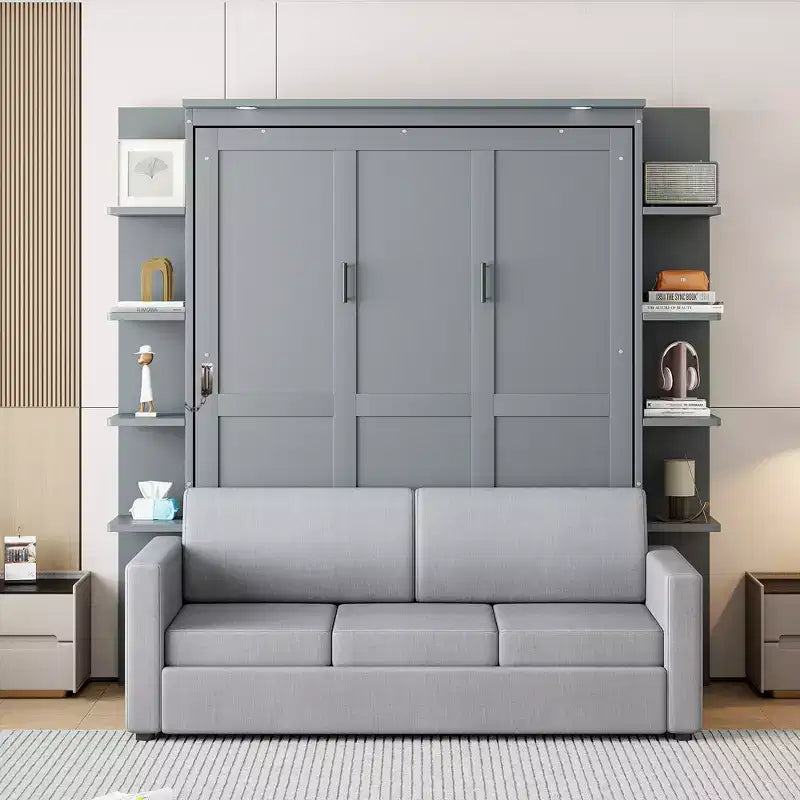 Queensize Murphy-bed met bank, opklapbed in kastformaat met boekenkast en planken voor de logeerkamer of het kantoor