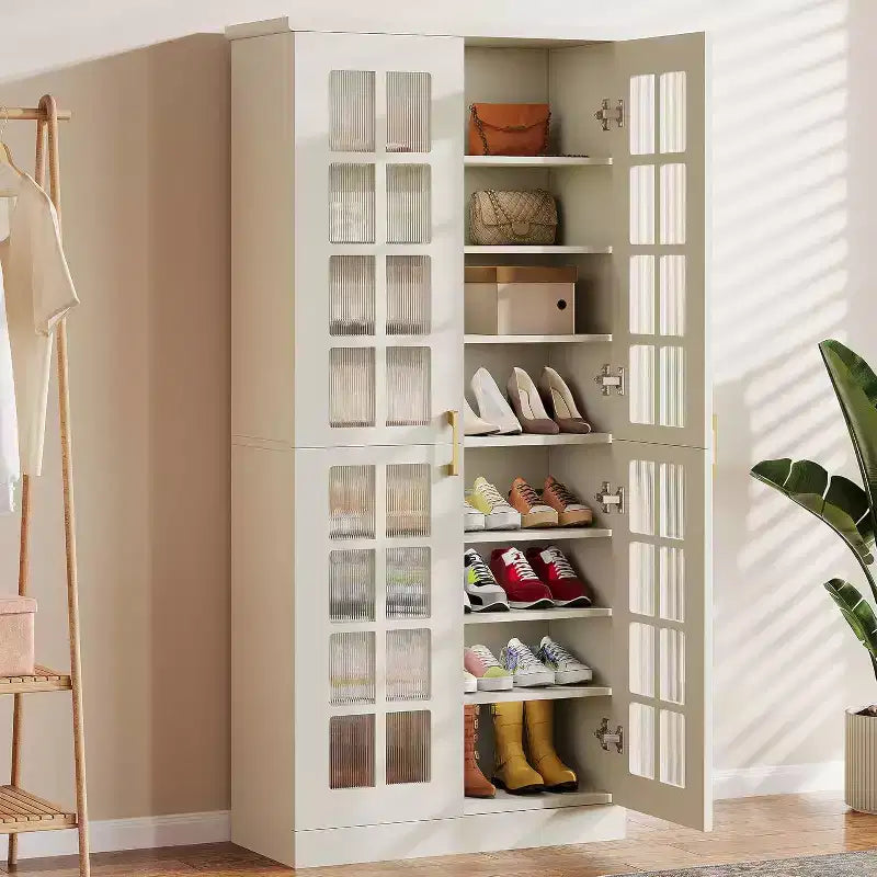 Meuble à chaussures haut Lantine avec portes, meuble de rangement à chaussures à 8 niveaux avec étagères réglables, meuble à chaussures moderne pour entrée, placard et salon, blanc