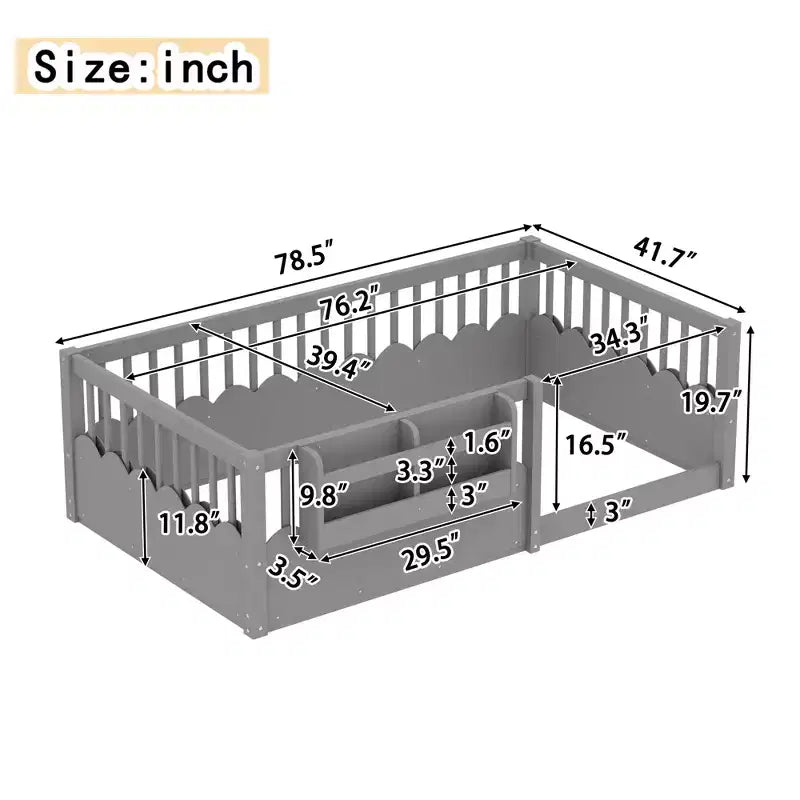 Lit au sol pour enfant Bellemave avec barrières surélevées et bibliothèque, cadre de lit Montessori en bois pour lit simple, pour filles et garçons
