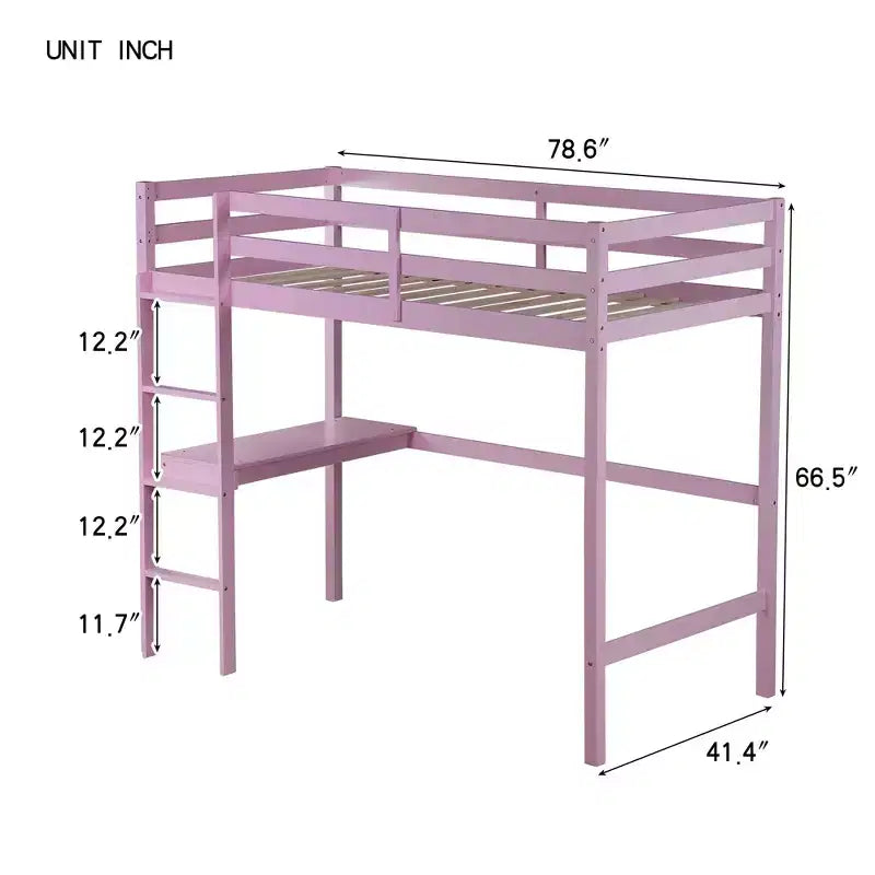 Okak minimalistisches Hochbett mit Leiter, Hochbett für Einzelbettmatratze aus Gummibaumholz mit Sicherheitsgeländer und eingebautem Schreibtisch, Bettgestell für Kinder und Jugendliche
