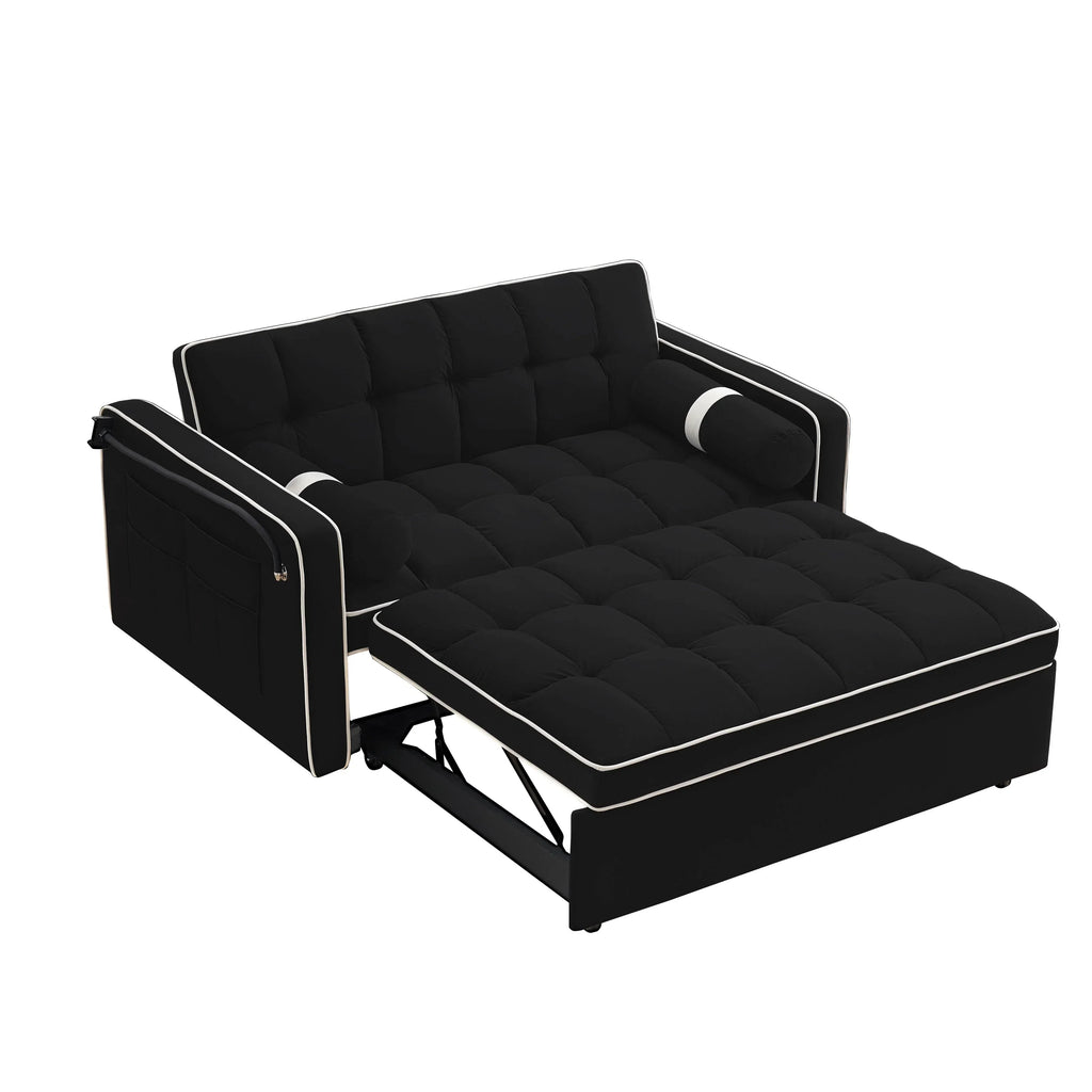 Canapé-lit convertible 2 places en velours de 55', avec lit escamotable, dossier inclinable réglable, poches latérales et support pour téléphone