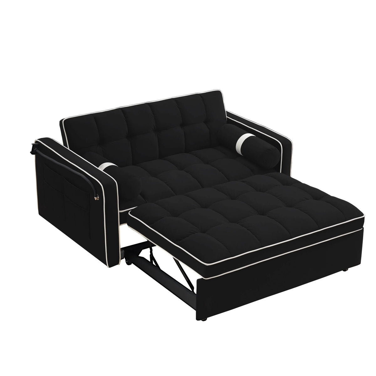 Canapé-lit convertible 2 places en velours de 55', avec lit escamotable, dossier inclinable réglable, poches latérales et support pour téléphone