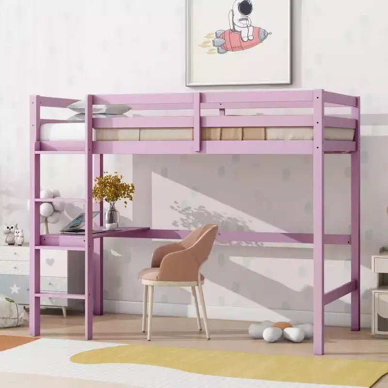 Okak minimalistisches Hochbett mit Leiter, Hochbett für Einzelbettmatratze aus Gummibaumholz mit Sicherheitsgeländer und eingebautem Schreibtisch, Bettgestell für Kinder und Jugendliche