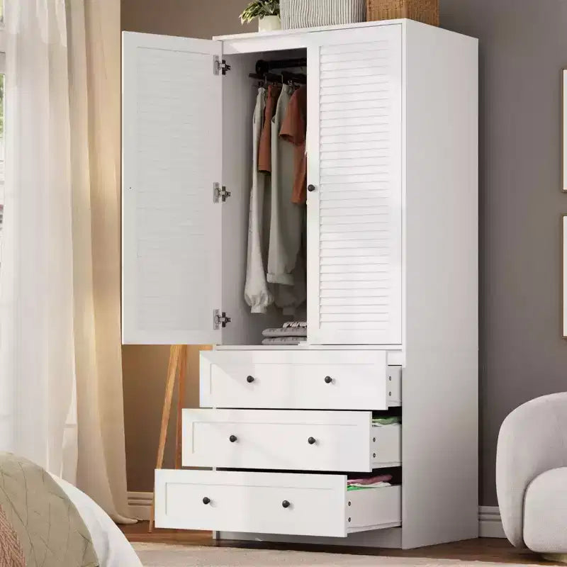 COZONY Kleiderschrank mit 3 Schubladen und 2 Türen, moderner Holzschrank fürs Schlafzimmer, robuster weißer Standkleiderschrank