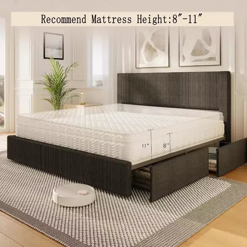 CuisinSmart-Bettrahmen aus Cord mit Kopfteil, gepolsterter Plattformbett-Rahmen mit 4 Schubladen und Lattenrost aus Holz