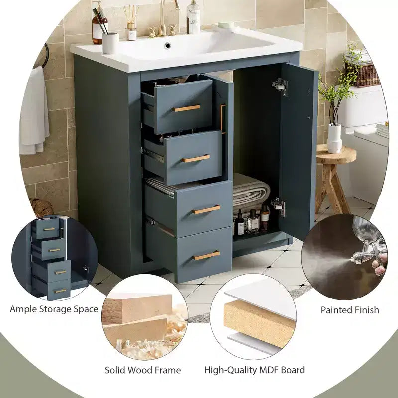 30 Badezimmer-Waschtischunterschrank mit einem Waschbecken, Schrank und 3 Schubladen ??Schwarz / Blau / Grün / Indigo / Weiß