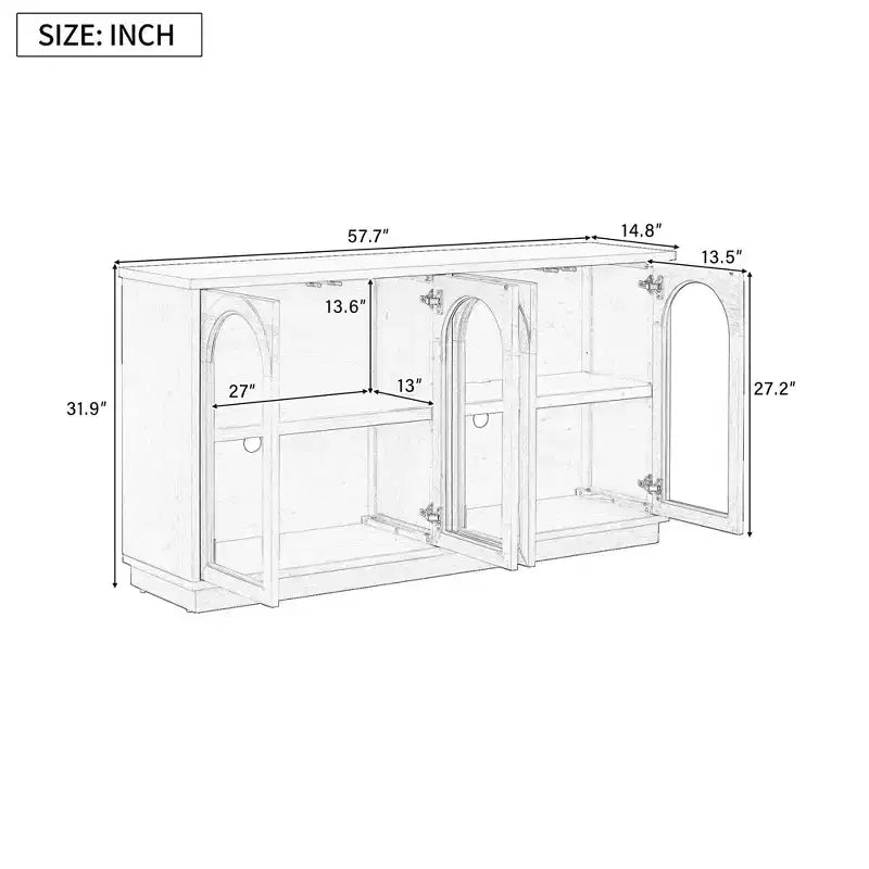 Grand buffet de rangement à 4 portes vitrées, armoire cintrée avec étagères réglables pour la cuisine