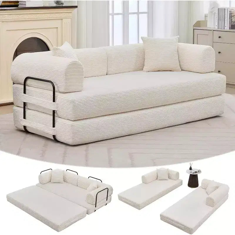 4-in-1-Schlafsofa, 79-Zoll-klappbare Cord-Couch ohne Gestell mit Kissen, ohne Montage, Zweisitzer für kleine Wohnungen