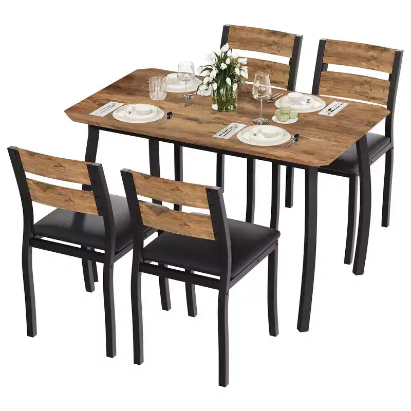 5-delige keukentafelset met metalen frame en stoelen, met afgeschuind ontwerp