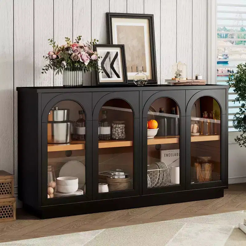Grand buffet de rangement à 4 portes vitrées, armoire cintrée avec étagères réglables pour la cuisine