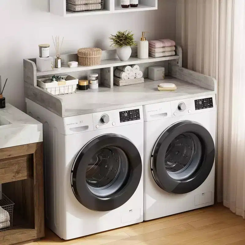 Houten blad voor wasmachine en droger, wasblad van 54 met opbergplank met 2 niveaus, antislip werkblad met opstaande randen voor een georganiseerde wasruimte