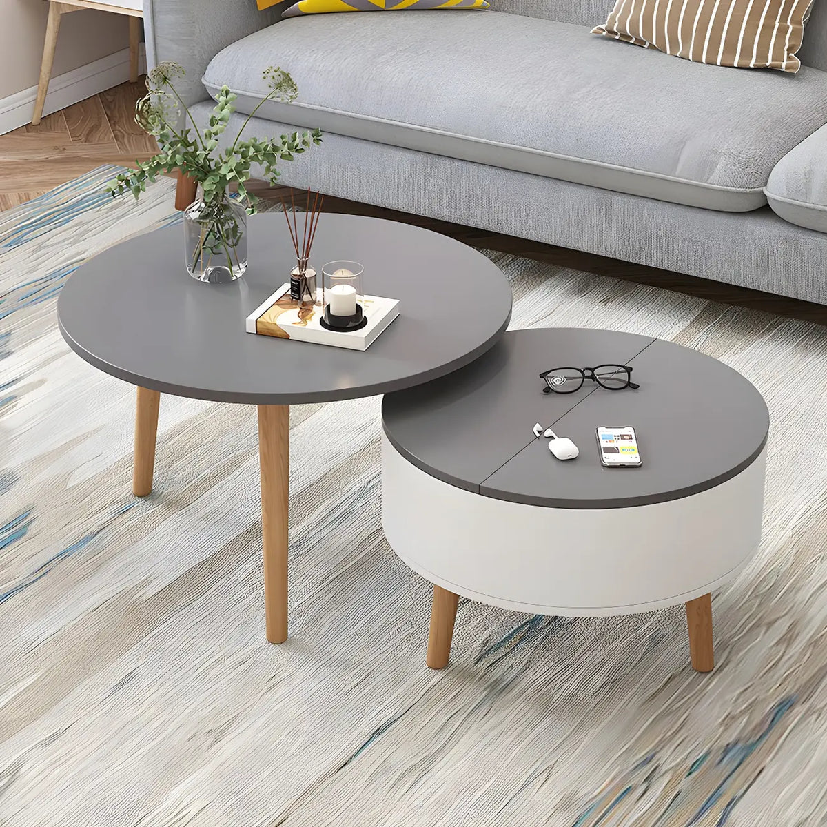 Moderner runder Couchtisch aus Holz in Schwarz und Weiß mit Stauraum