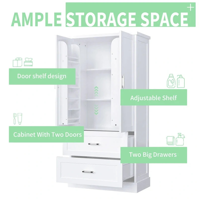 Armoire de rangement haute pour salle de bains avec deux portes et tiroirs, étagère réglable, panneau MDF