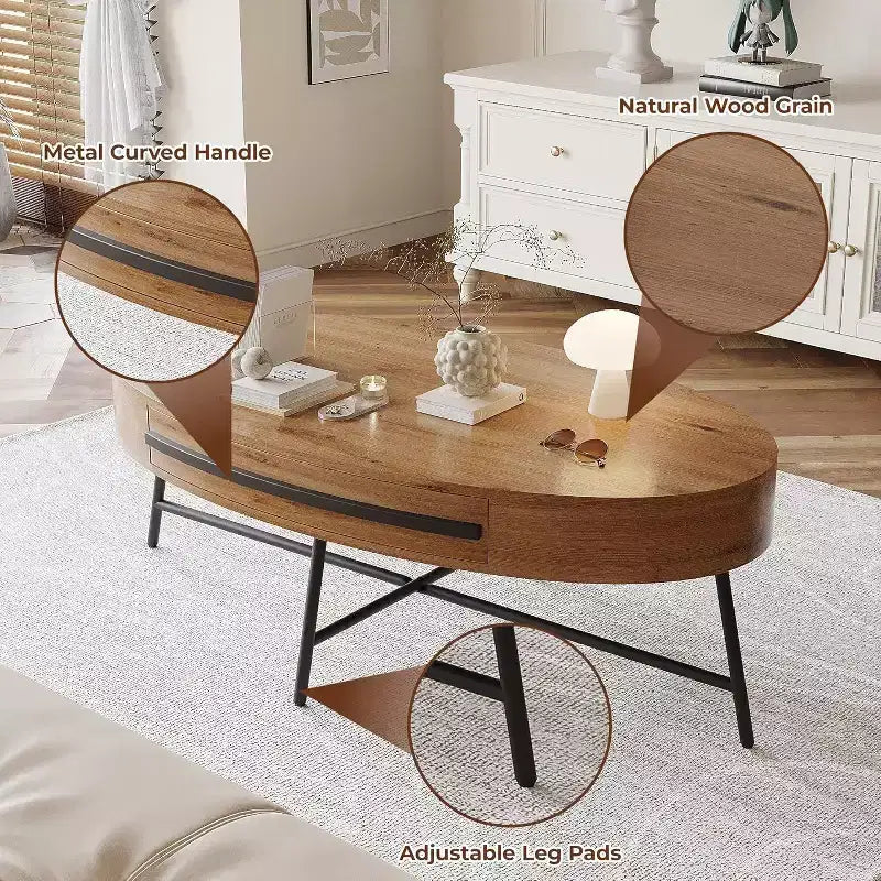 Acekool ovaler Couchtisch mit Schublade, 47.2, Holztisch mit Stauraum und gekreuzten Metallbeinen, moderner Mid-Century-Couchtisch in Naturfarben und goldenem Weidenholz