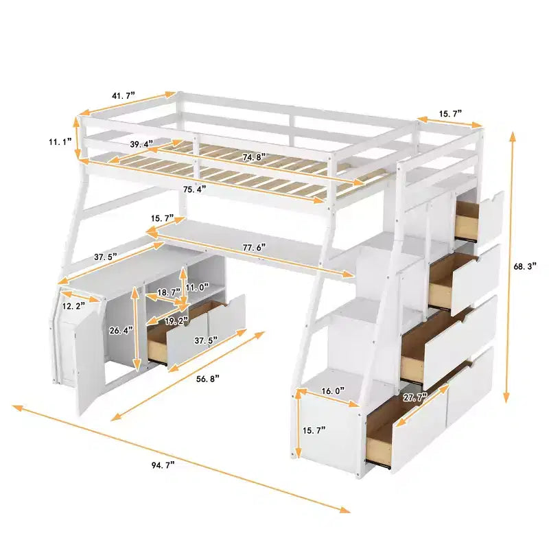 Hoogslaper voor 1-persoonsbed met 7 laden, 2 planken, kast en bureau voor kinderen en tieners