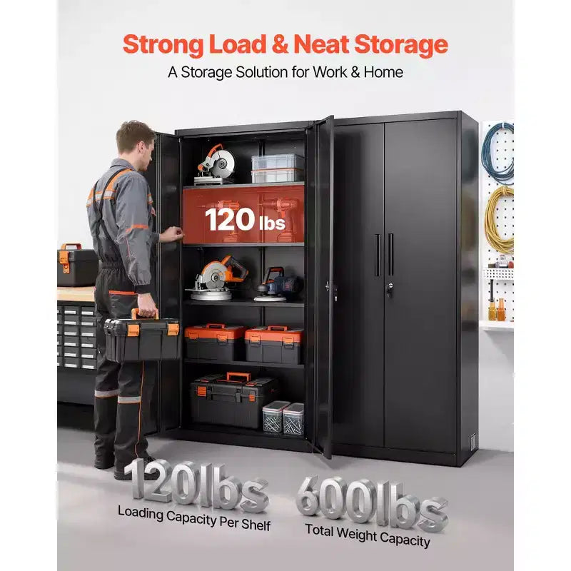 VEVOR Metallschrank, 68.9 in abschließbarer Stahlschrank für die Garage mit 4 verstellbaren Einlegeböden, 2 magnetischen Türen, 2 Schlüsseln und 5 Fächern zur Werkzeugaufbewahrung, Schwarz