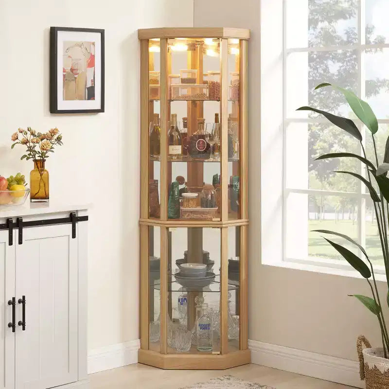 Hoekvitrinekast met glazen deuren en planken, hoekvitrine voor de woonkamer