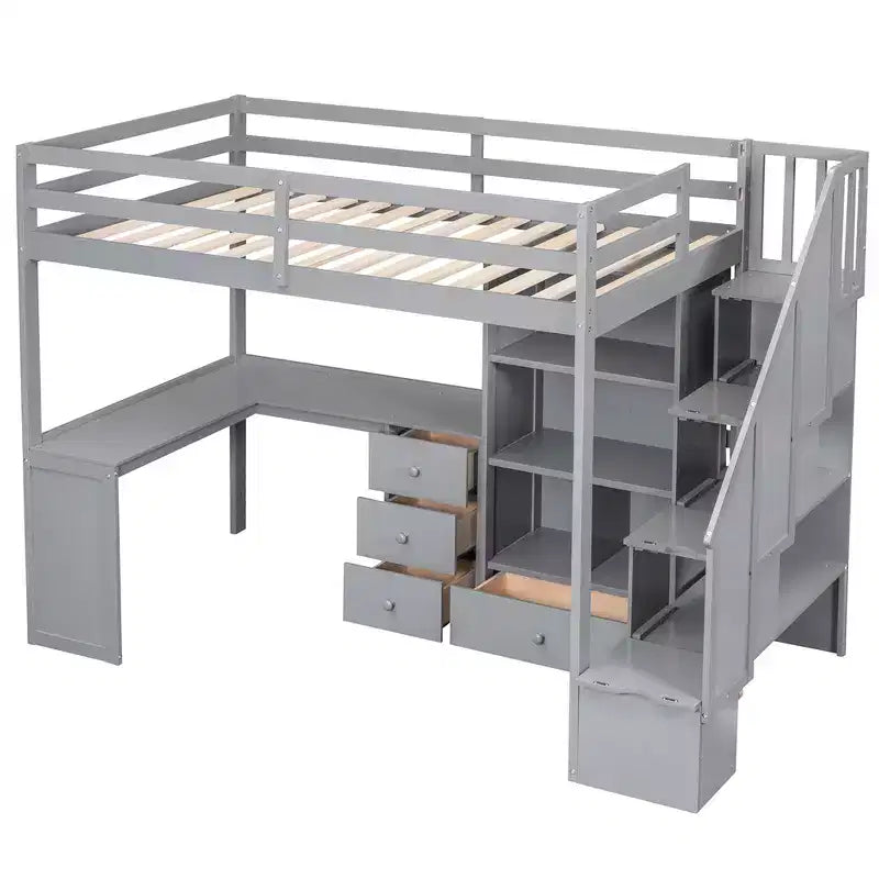 Hochbett in Einzelbettgröße mit L-förmigem Schreibtisch, 3 Schubladen, Schrank und Stauraum in der Treppe, Konstruktion aus massivem Kiefernholz/MDF