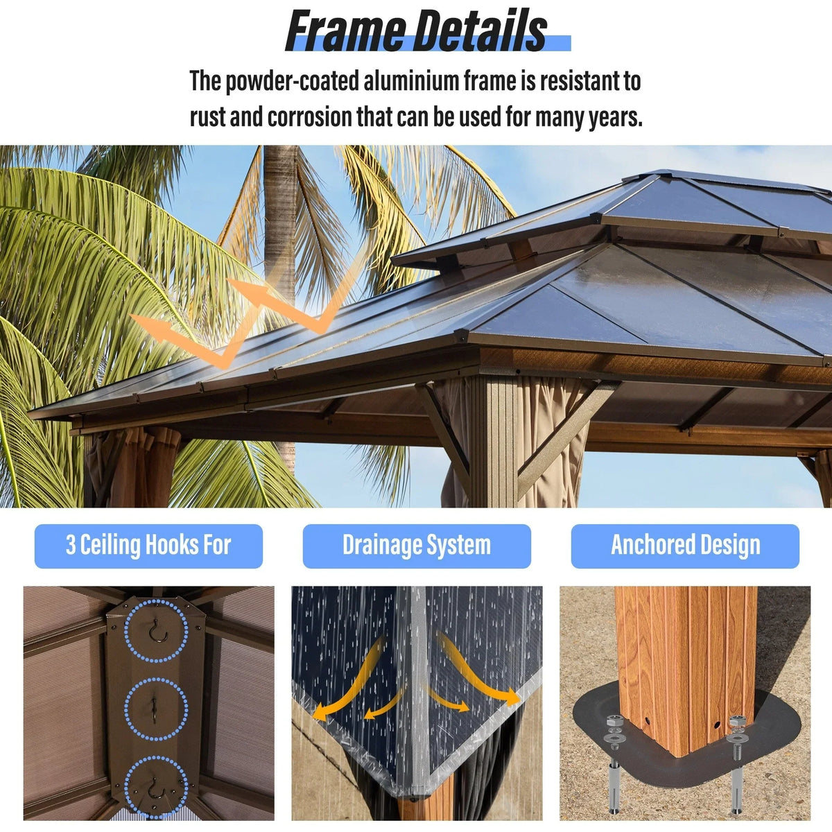 EROMMY Pavillon mit festem Dach, Pergola für den Außenbereich mit Doppeldach, Moskitonetz und Vorhängen, strapazierfähiges Sonnendach für Terrasse, Garten und Poolpartys