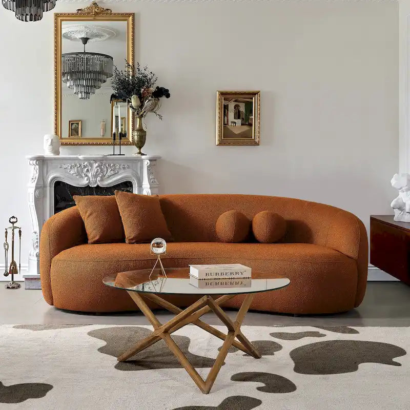 Blaine luxe, moderne gebogen bank van boucléstof in Japandi-stijl