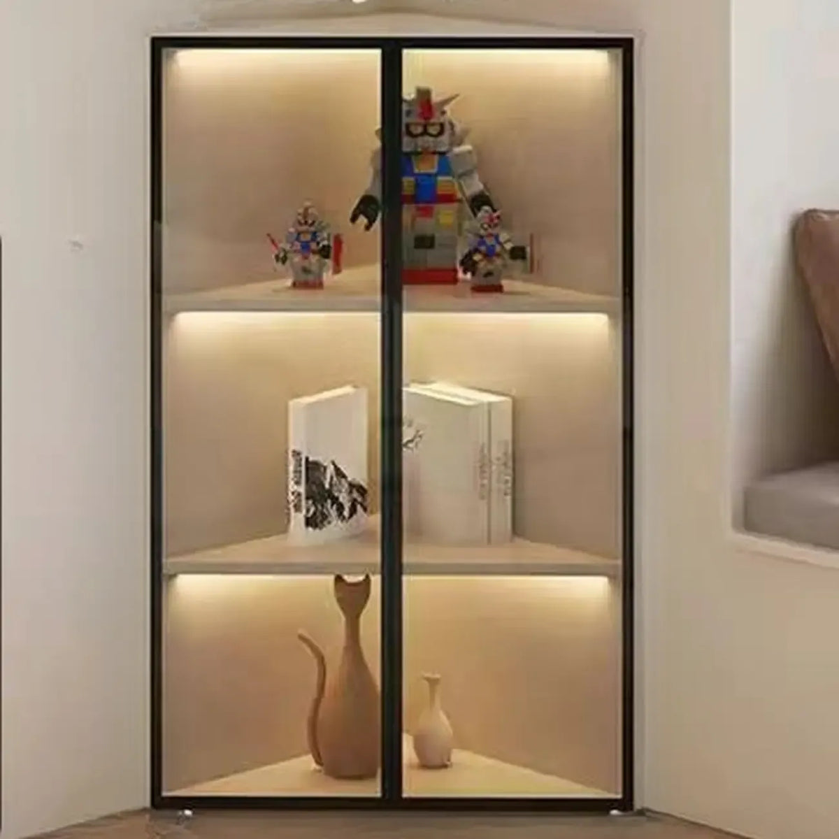 Moderne grijze metalen houten hoekvitrinekast met glazen deur