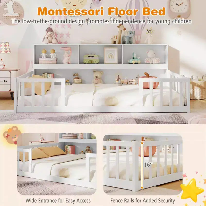 Łóżko podłogowe Montessori Twin/Full z półkami na książki i barierkami zabezpieczającymi, białe/szare
