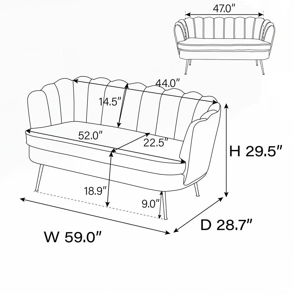 Kleines Mini-Zweisitzer-Sofa mit goldenen Metallbeinen - 2-Sitzer