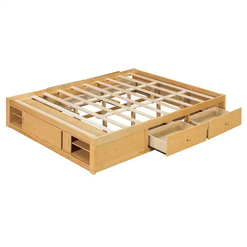 Cadre de lit plateforme grand lit Whisen avec 4 tiroirs de rangement et rangement dans le pied de lit