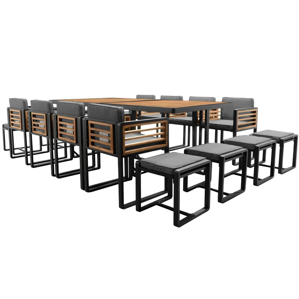 18-teiliges Garten-Esszimmer-Set aus Akazienholz, 8 gepolsterte Stühle, 8 Hocker und 2 quadratische Tische