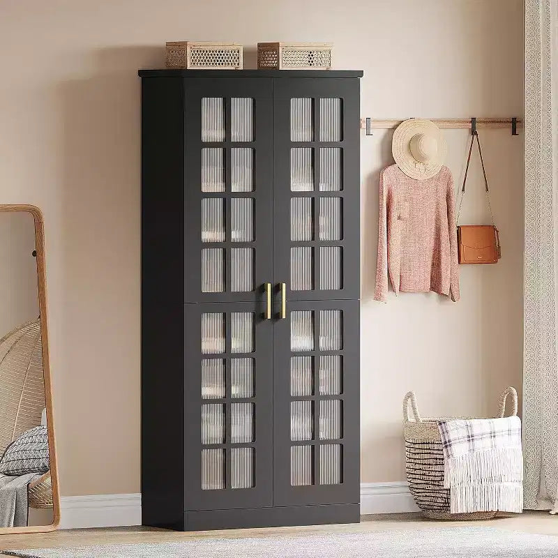 Meuble à chaussures haut Lantine avec portes, meuble de rangement à chaussures à 8 niveaux avec étagères réglables, meuble à chaussures moderne pour entrée, placard et salon, blanc