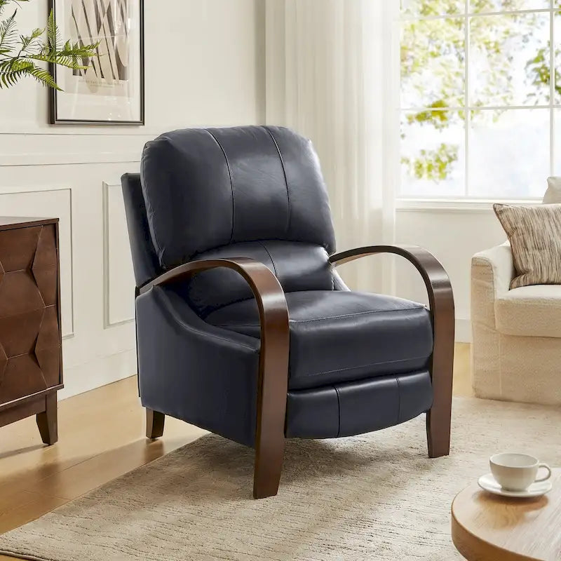 Fauteuil inclinable manuel Alex, style moderne du milieu du siècle, en cuir véritable coloris cigare, avec accoudoirs incurvés en bois
