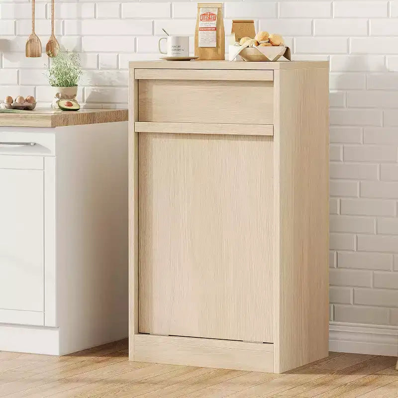 Kantelende afvalbak, naturel eiken, afvalbak met opbergruimte en lade, verborgen afvalkast, wasmand voor keuken, eetkamer en woonkamer