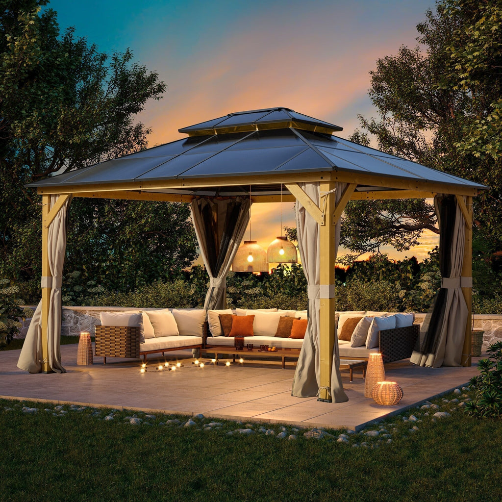 EROMMY Pavillon mit festem Dach, Pergola für den Außenbereich mit Doppeldach, Moskitonetz und Vorhängen, strapazierfähiges Sonnendach für Terrasse, Garten und Poolpartys