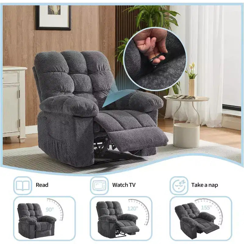 Manueller Relaxsessel aus ergonomischem, atmungsaktivem Stoff mit Seitentaschen, Einzelsessel, geeignet für Wohnzimmer und Schlafzimmer