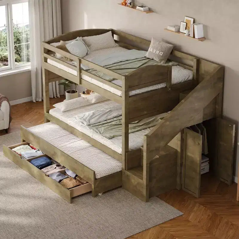 Whisen XL-Etagenbettgestell mit Ausziehbett, Etagenbett mit Stauraum, Etagenbett aus Massivholz, Stauraumtreppe, Kleiderschrank, 3 Schubladen, für Kinder